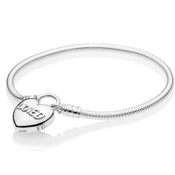 925 sterling silver bracelet moments smooth loved heart padlock clasp bracelet bangle fit bead charm diy fine jewelry, Black